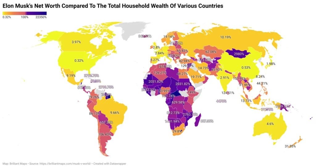 Elon Musk's Net Worth Compared To The Total Household Wealth Of Various Countries [OC]