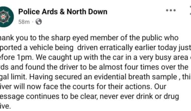 The mind boggles! 1:30am PSNI ABC called to an overturned BMW, driver 3x the limit.. then at 1pm, this.
