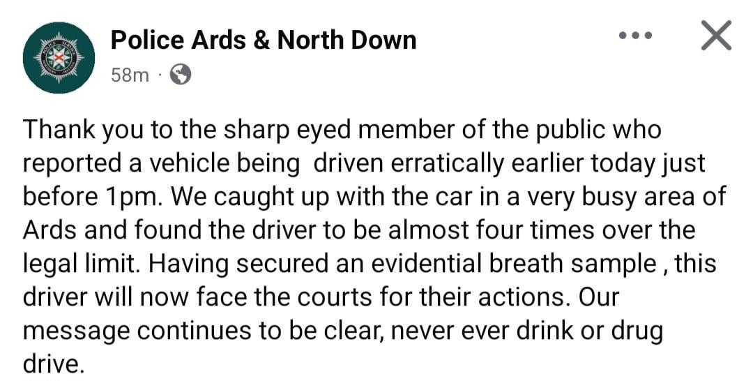 The mind boggles! 1:30am PSNI ABC called to an overturned BMW, driver 3x the limit.. then at 1pm, this.