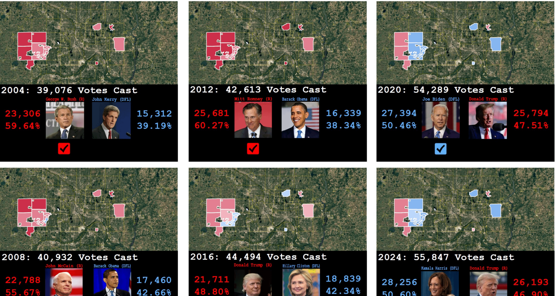 [OC] My map that shows the evolving political trends in the wealthiest parts of the Twin Cities in Minnesota