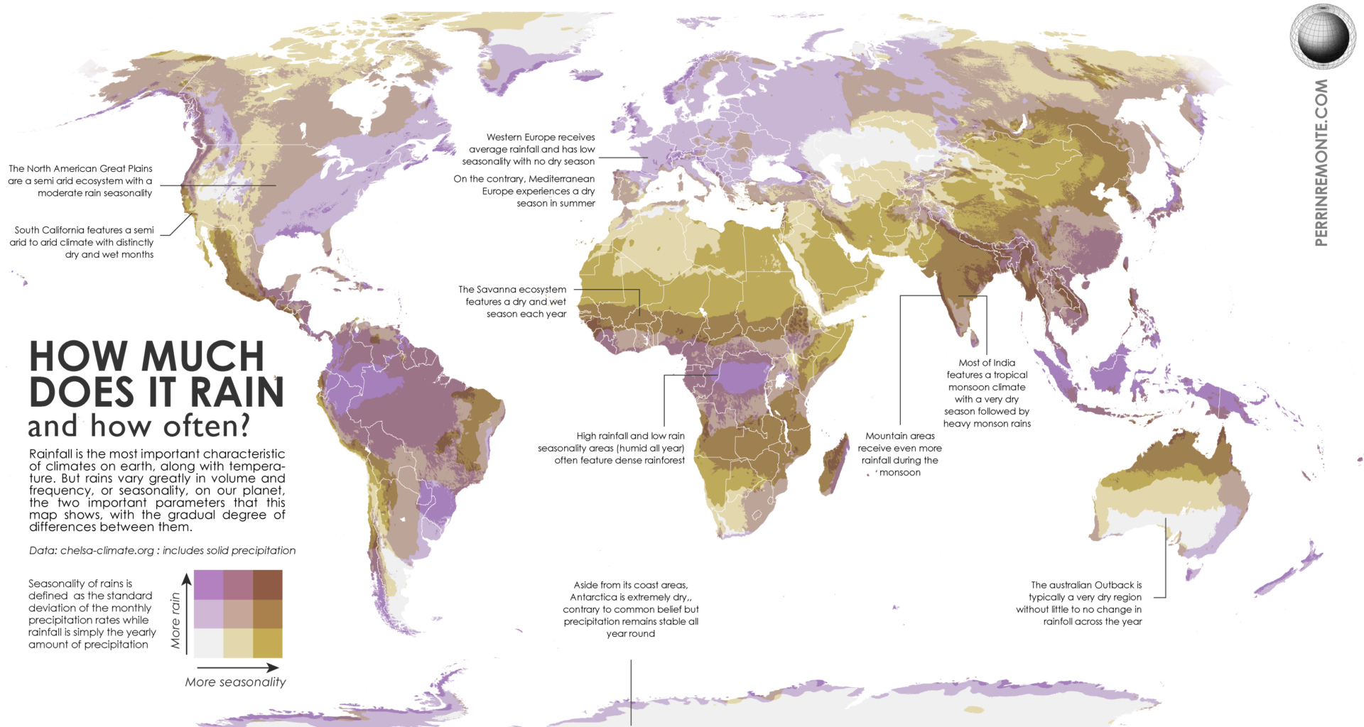 How much does it rain, and how often? I made a global rainfall rate and seasonality map, what a fascinating world we live in! [OC]