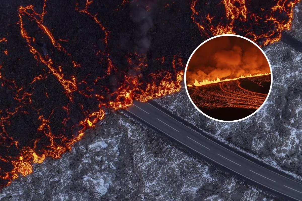 lava on road iceland volcano