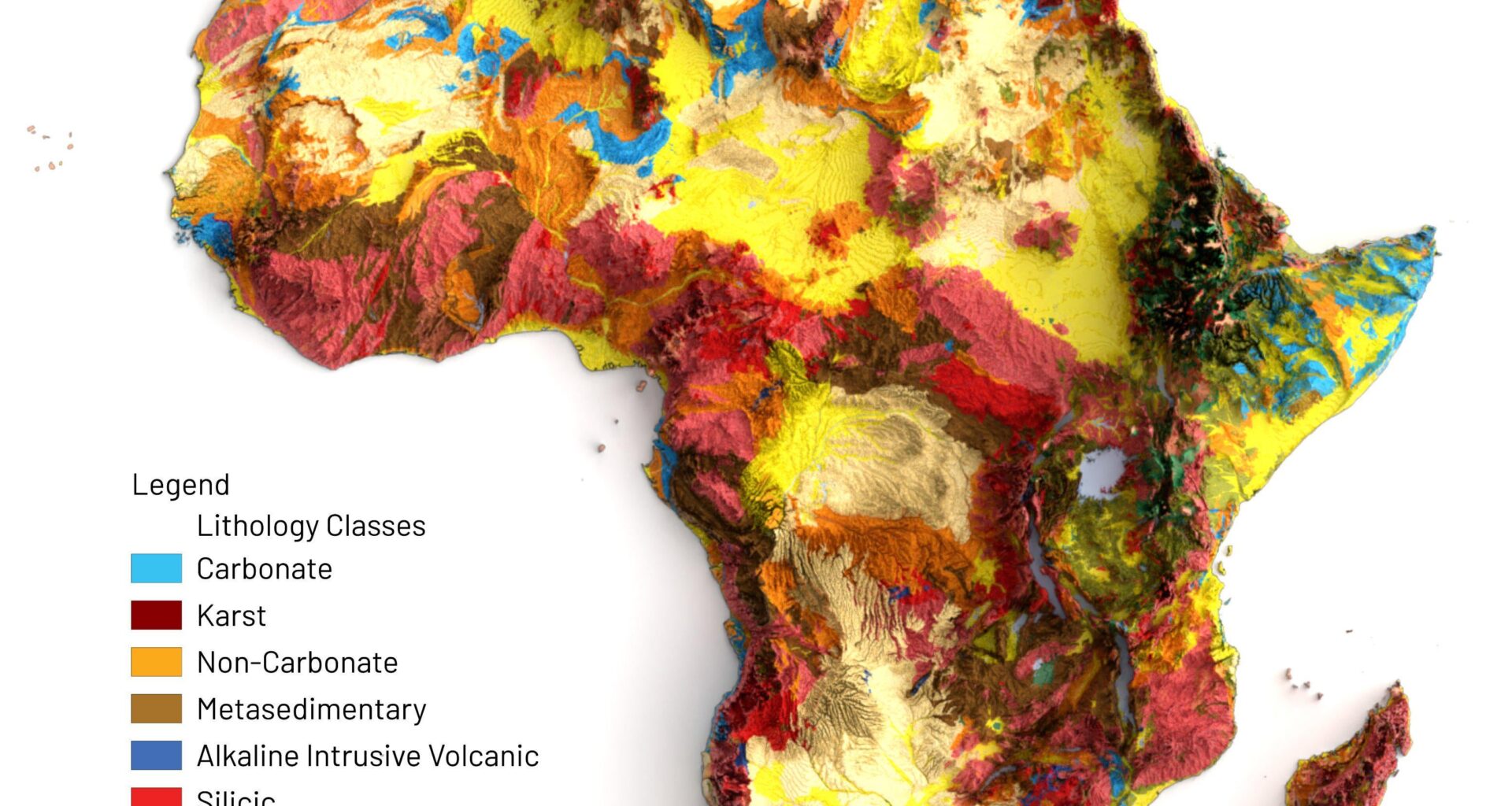 [OC]A Map🗺️Showing Lithology coverage of Africa Continent, Dataset is from @RCMRD_ 's Open Data site(Made Using Qgis and Blender)