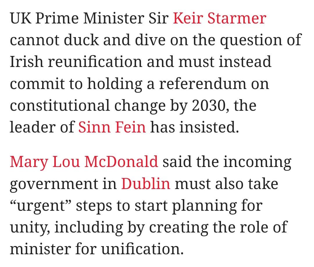 🚨🇮🇪 “It's not a question of will it happen. It's a question of when” Sinn Féin leader Mary Lou McDonald calls on Keir Starmer to ‘commit’ to a border poll by 2030