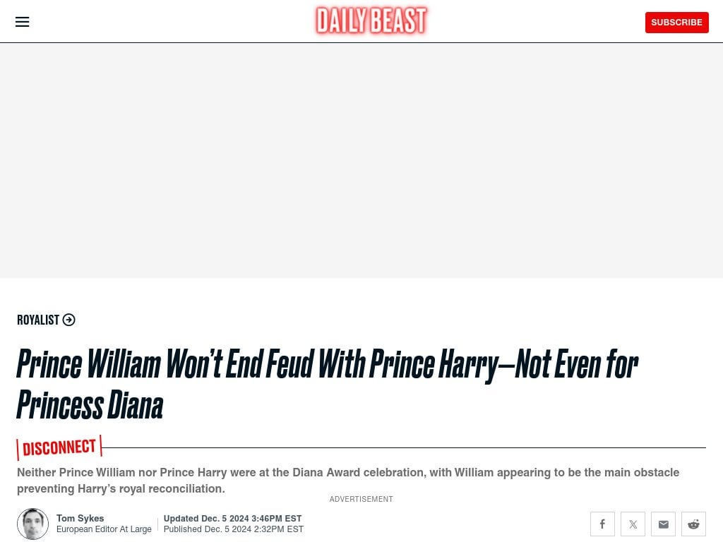 Prince William Won’t End Feud With Prince Harry—Not Even for Princess Diana