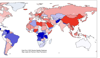 [OC] Percentage change in births to American mothers, 2016–2019 to 2020–2023, by mother's original country of birth (blue indicates increasing, red decreasing ).
