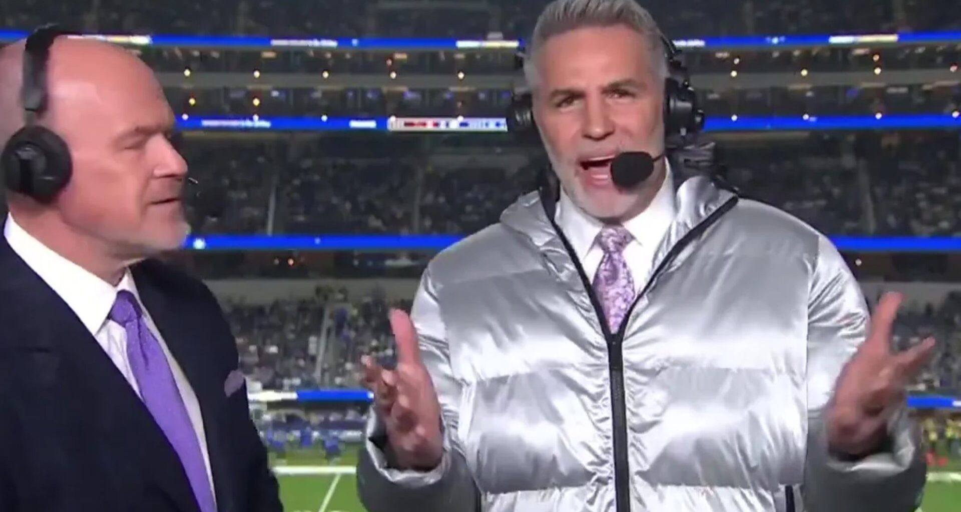 NFL Network star Kurt Warner leaves fans stunned with 'space jacket' outfit as broadcast partner Rich Eisen pokes fun