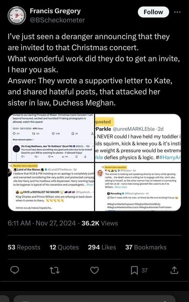 A woman who runs a twitter account with a focus on Meghan Markle conspiracy theories was invited to and attended Kate’s Christmas concert