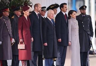King Charles joined by the Prince and Princess of Wales welcome the Emir of Qatar on a two-day state visit to the UK
