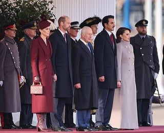 King Charles joined by the Prince and Princess of Wales welcome the Emir of Qatar on a two-day state visit to the UK