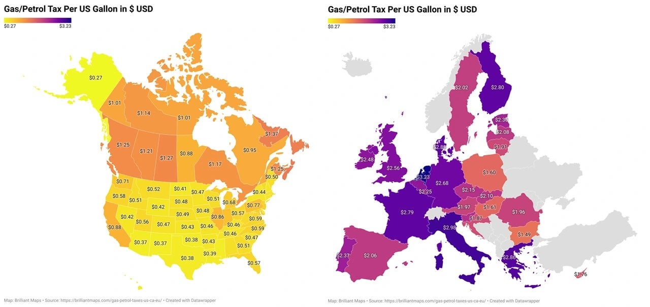 Gas (Petrol) Taxes Per Gallon of Unleaded In The US, Canada & Europe Compared [OC]