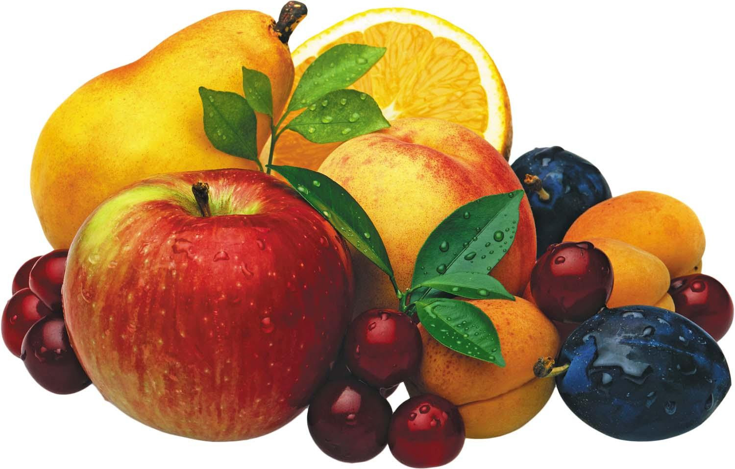An assortment of fruits including a pear, an apple, a peach, half an orange, plums, and grapes.