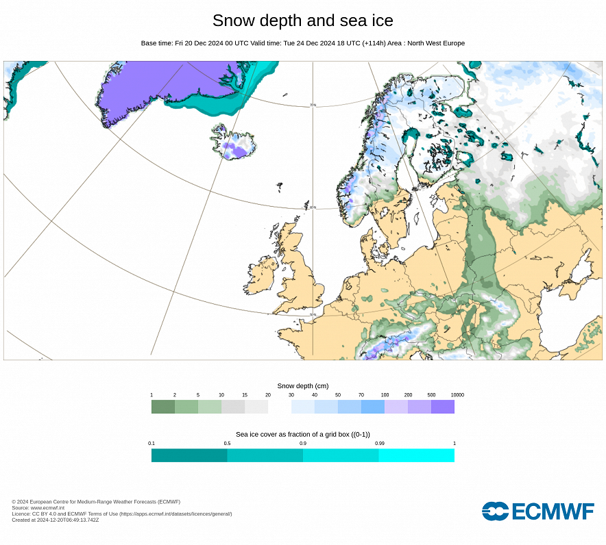 Prognozētais sniega segas biezums 24. decembra vakarā