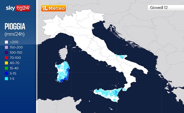 Le piogge previste per Giovedì 12 Dicembre 2024