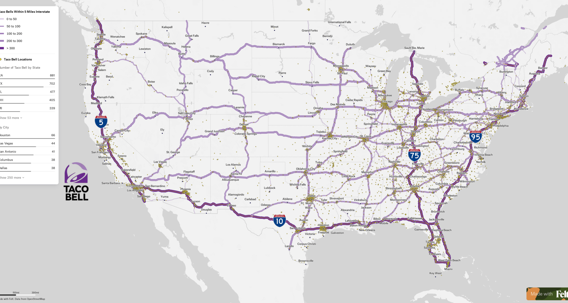 [OC] Think outside the bun - Most Taco Bells by Interstate, State & City
