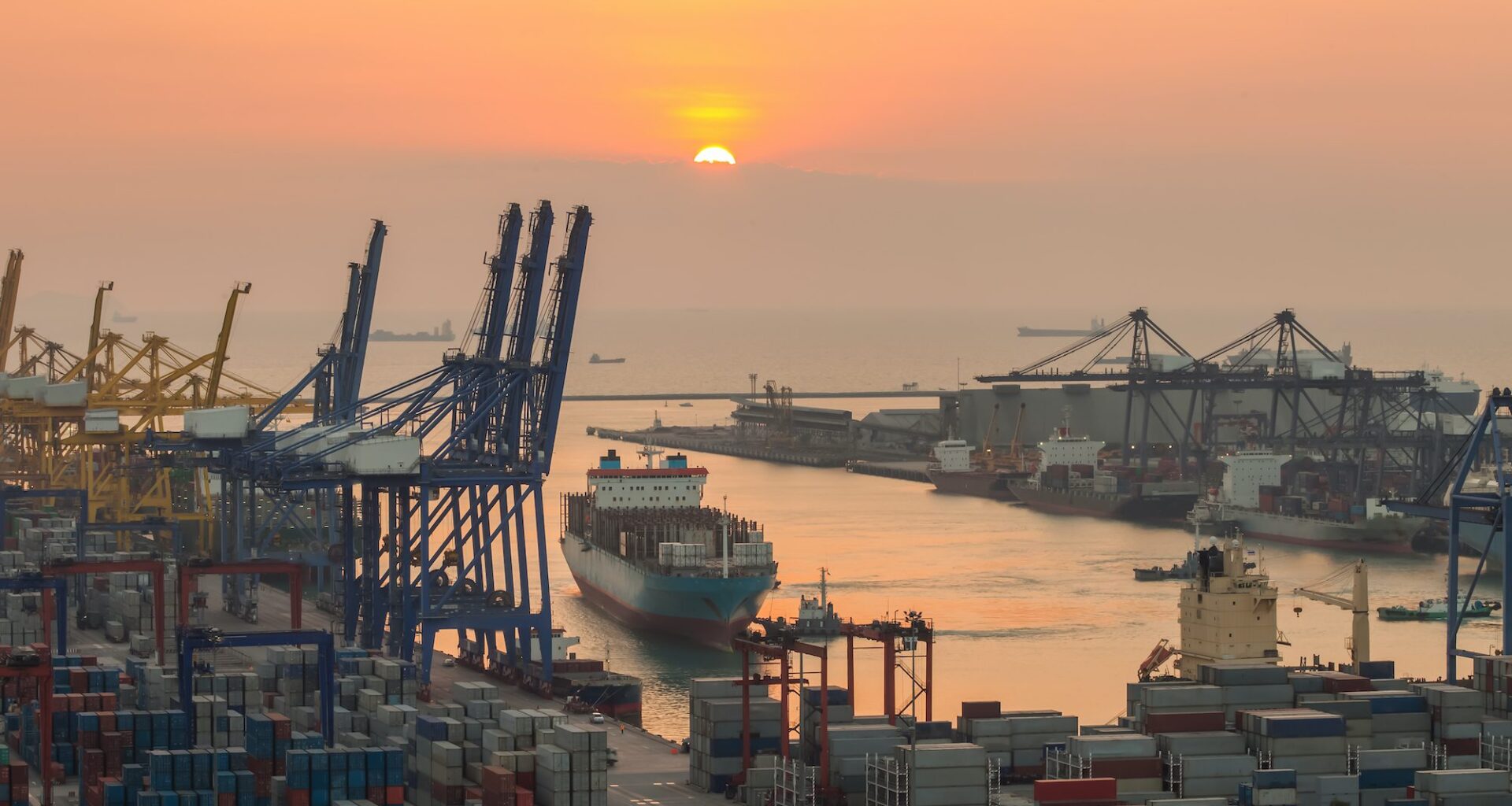 A containership arrives at the Port of Rotterdam