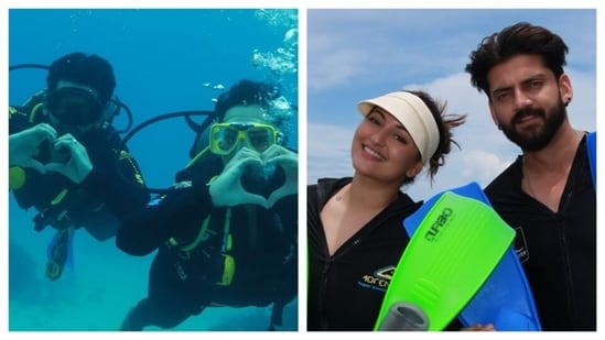 Sonakshi Sinha and Zaheer Iqbal ventured into the sea to explore the marine life. They shared picture of scuba diving- a sure shot marine sport for many adventure junkies. (Instagram)