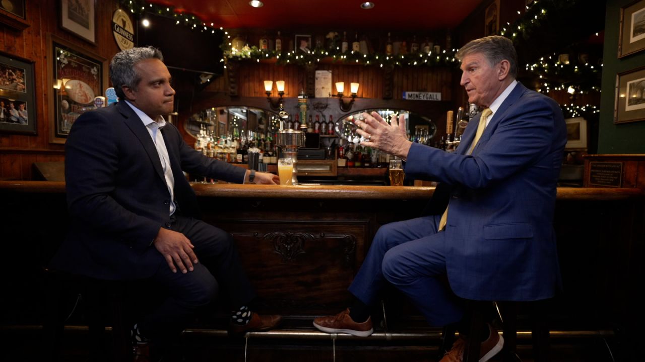 Senator Joe Manchin is interviewed by Manu Raju at the Dubliner in Washington, DC, on December 19, 2024.