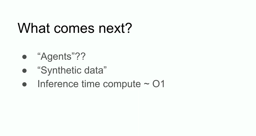 Presentation slide by Ilya Sutskever highlighting three key future AI developments: agents, synthetic data, and inference compute.