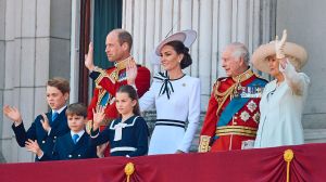 TOPSHOT - (L-R) Britain's Prince George of Wales, Britain's Prince William, Prince of Wales, Britain's Prince Louis of Wales, Britain's Princess Charlotte of Wales, Britain's Catherine, Princess of Wales, Britain's King Charles III and Britain's Queen Camilla wave on the balcony of Buckingham Palace after attending the King's Birthday Parade "Trooping the Colour" in London on June 15, 2024. The ceremony of Trooping the Colour is believed to have first been performed during the reign of King Charles II. Since 1748, the Trooping of the Colour has marked the official birthday of the British Sovereign. Over 1500 parading soldiers and almost 300 horses take part in the event. 