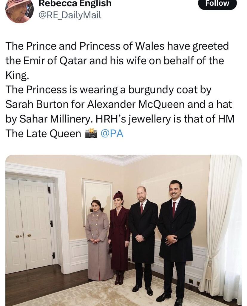 The Prince and Princess of Wales have greeted the Emir of Qatar and his wife on behalf of the King
