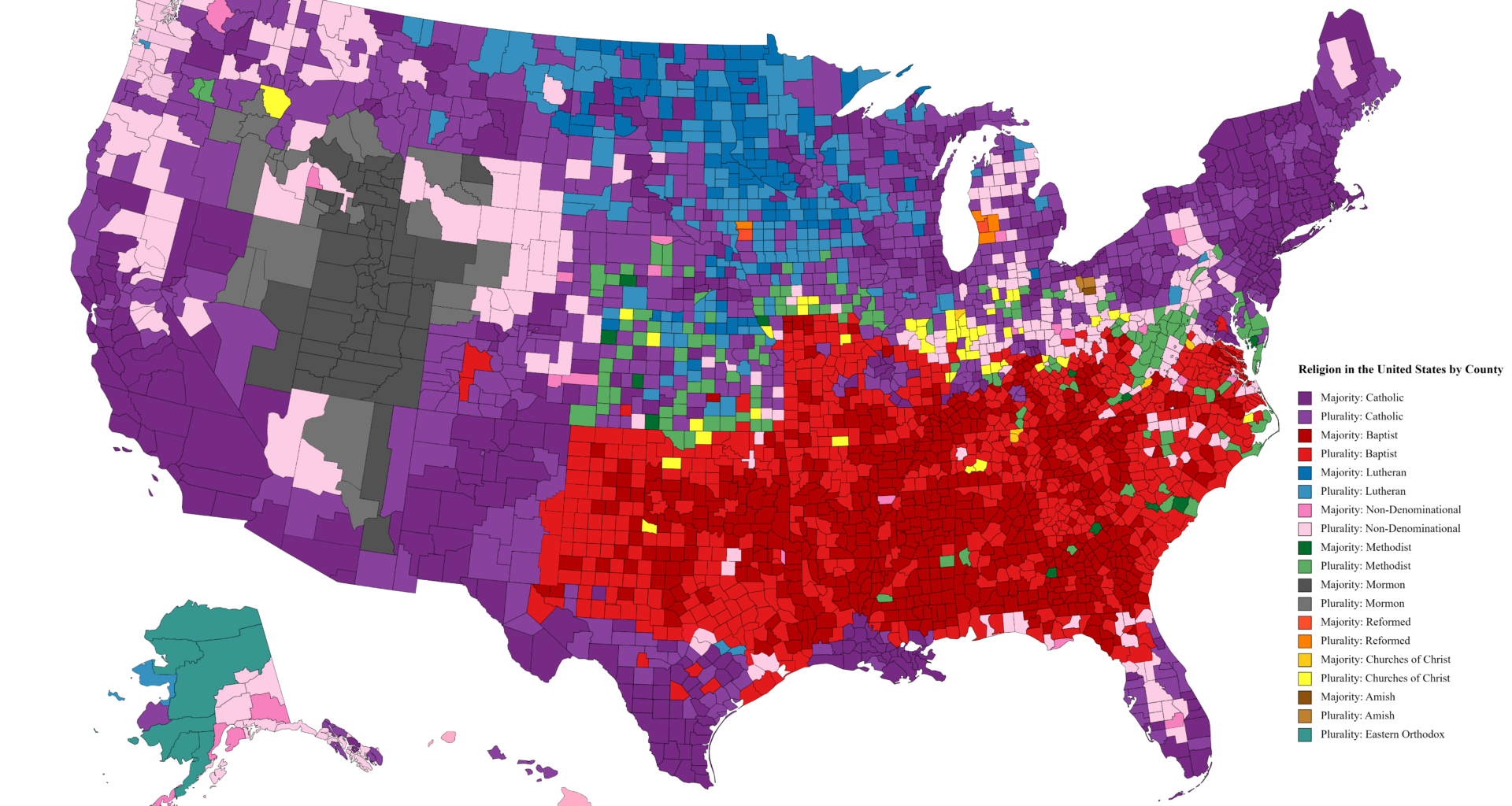 Most common religion in every U.S. county [OC]