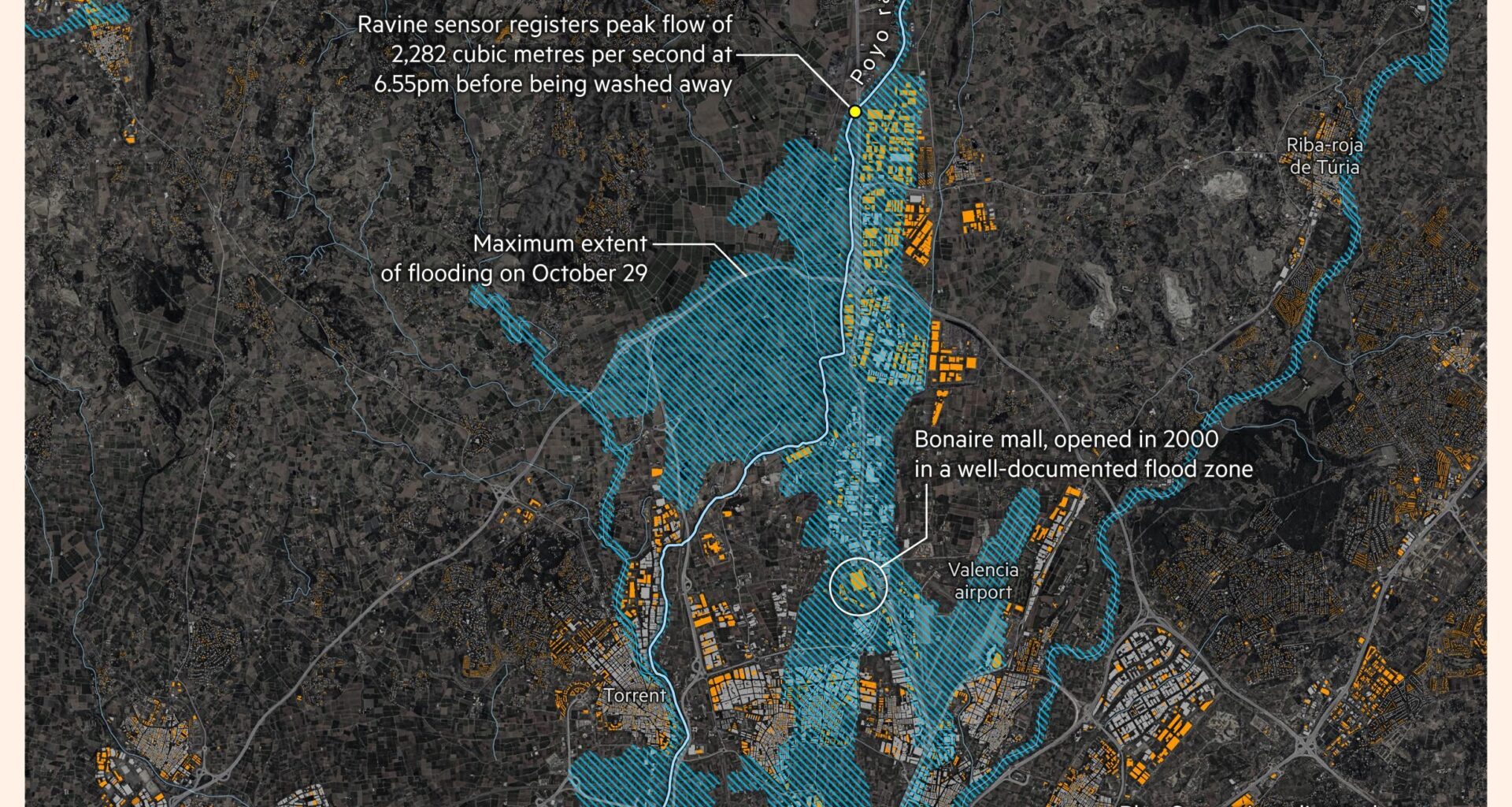 [OC] Map highlighting the flood extent in Valencia and events that occured during the flood