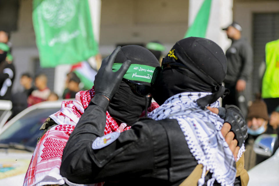 Four freed Israeli women hostages were home in Israel January 25, ending more than 15 months of captivity after Hamas militants handed them over to the Red Cross under a truce deal in the Gaza war. (Abood Abusalama / Middle East Images / AFP via Getty Images)