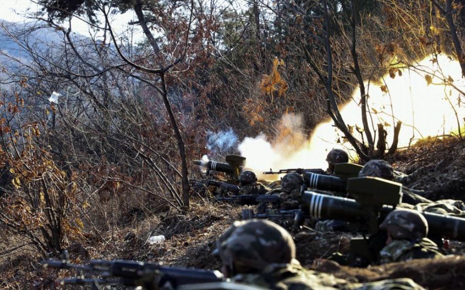 Troops train at an undisclosed military base in North Korea, March 6, 2024, in this image from the state-run Korean Central News Agency.
