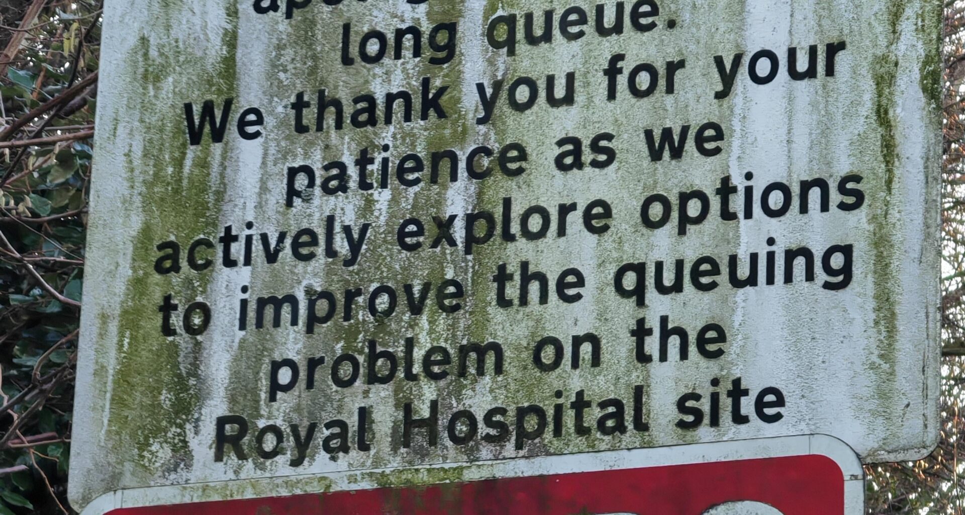 This sign has been here so long nature is taking it back and still no parking solution