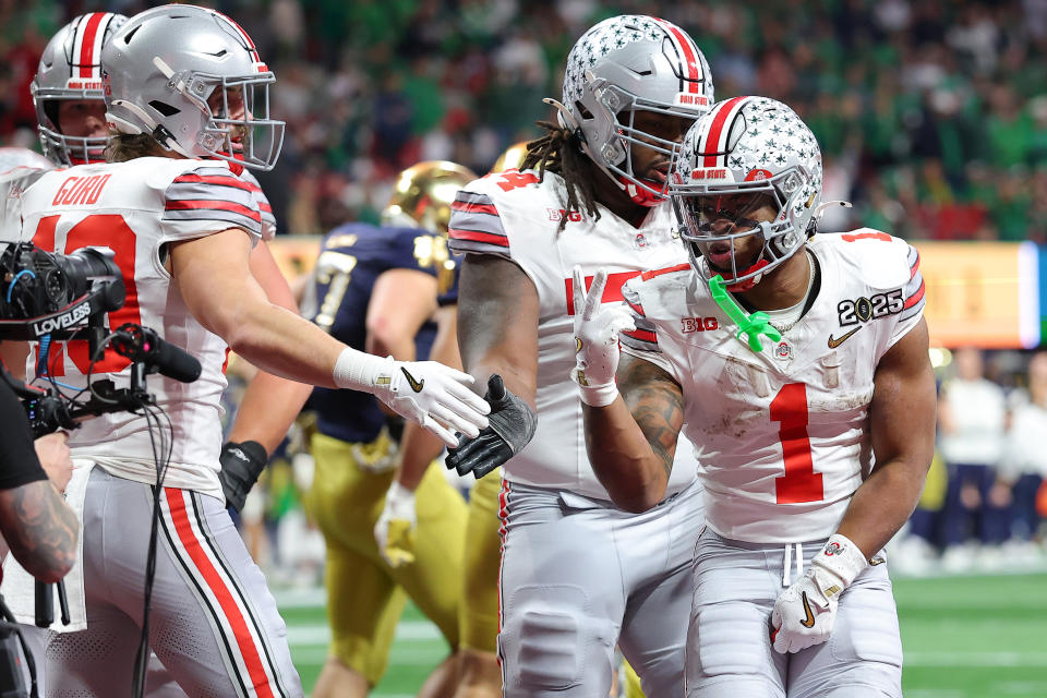 ATLANTA, GEORGIA - JANUARY 20: Quinshon Judkins #1 of the Ohio State Buckeyes celebrates a touchdown during the third quarter against the Notre Dame Fighting Irish in the 2025 CFP National Championship at the Mercedes-Benz Stadium on January 20, 2025 in Atlanta, Georgia. (Photo by Kevin C. Cox/Getty Images)