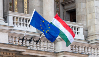 Flags of the European Union and Hungary flying from poles outside an ornate building in the centre of Hungarian capital city of Budapest