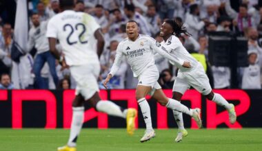 Real Madrid players celebrate against Sevilla