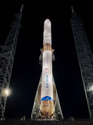 On Nov. 21, Blue Origin officials tweeted this nighttime photo of the first New Glenn rocket standing vertical at Launch Complex 36 at Cape Canaveral Space Force Station.