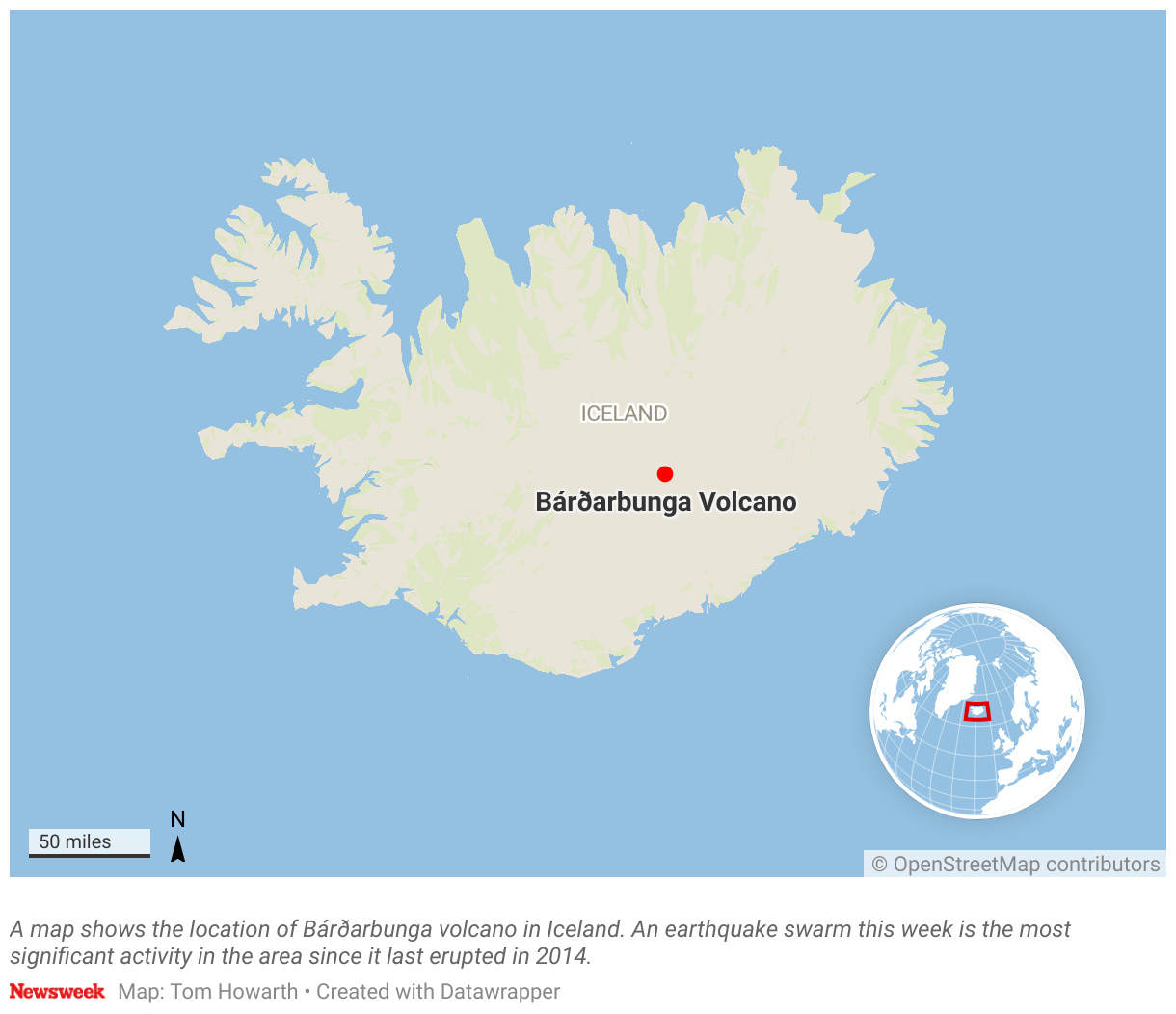 A map shows the location of Bárðarbunga volcano in Iceland.