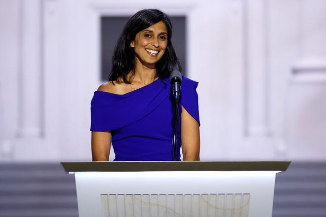 Usha Chilukuri Vance, wife of Vice President-elect J.D. Vance speaks on stage on the third day of the Republican National Convention at the Fiserv Forum in Milwaukee, Wisconsin on July 17, 2024.