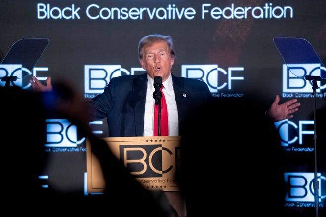 Former President Donald Trump addresses the Black Conservative Federation's gala on Feb. 23, 2024, in Columbia, S.C.