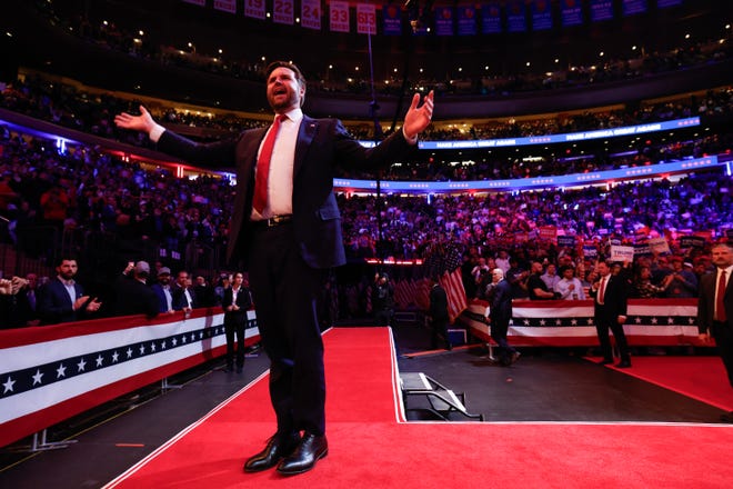 Sen. JD Vance takes the stage during a campaign rally for Republican presidential nominee, former President Donald Trump at Madison Square Garden on Oct. 27, 2024 in New York City.