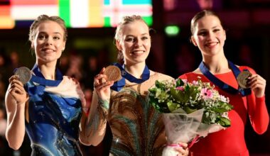 Niina Petrokina (centre) takes gold in front of her home Estonian fans (Daniel MIHAILESCU)