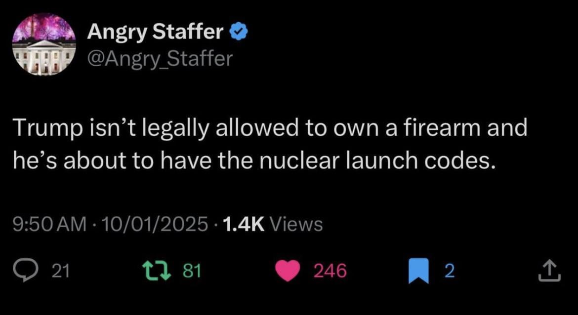 Oval Office : Sorry Mr President turn over your guns, you aren’t allowed to own any guns, also here are the Nuclear Codes