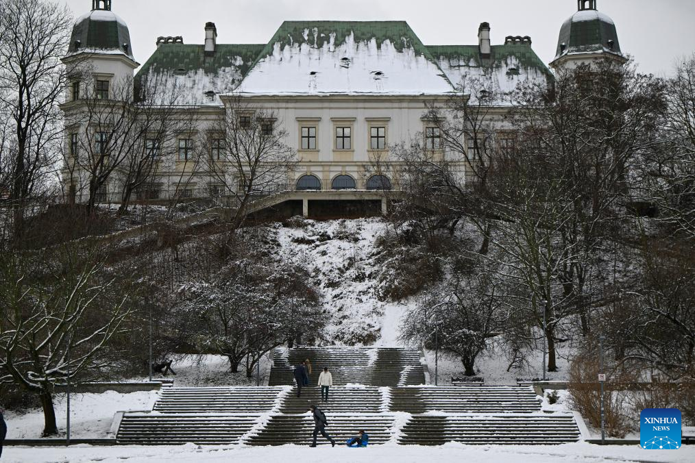 People enjoy snow view in Lazienki Park of Warsaw, Poland-Xinhua