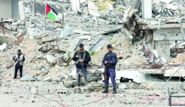 members of palestinian security forces loyal to hamas stand guard in front of a destroyed police compound in gaza city photo afp
