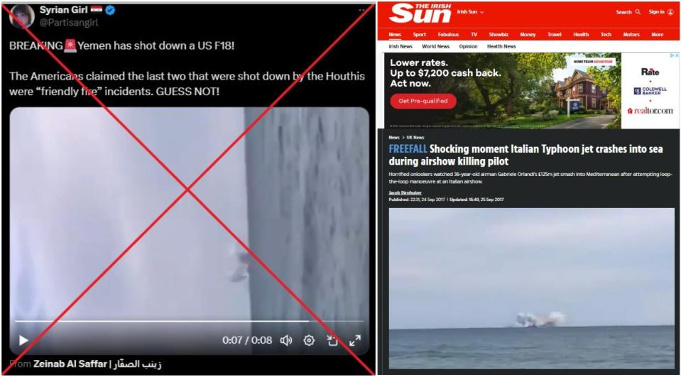 <span>Screenshot comparison of the video falsely shared on social media (left) and published by The Irish Sun (right)</span>