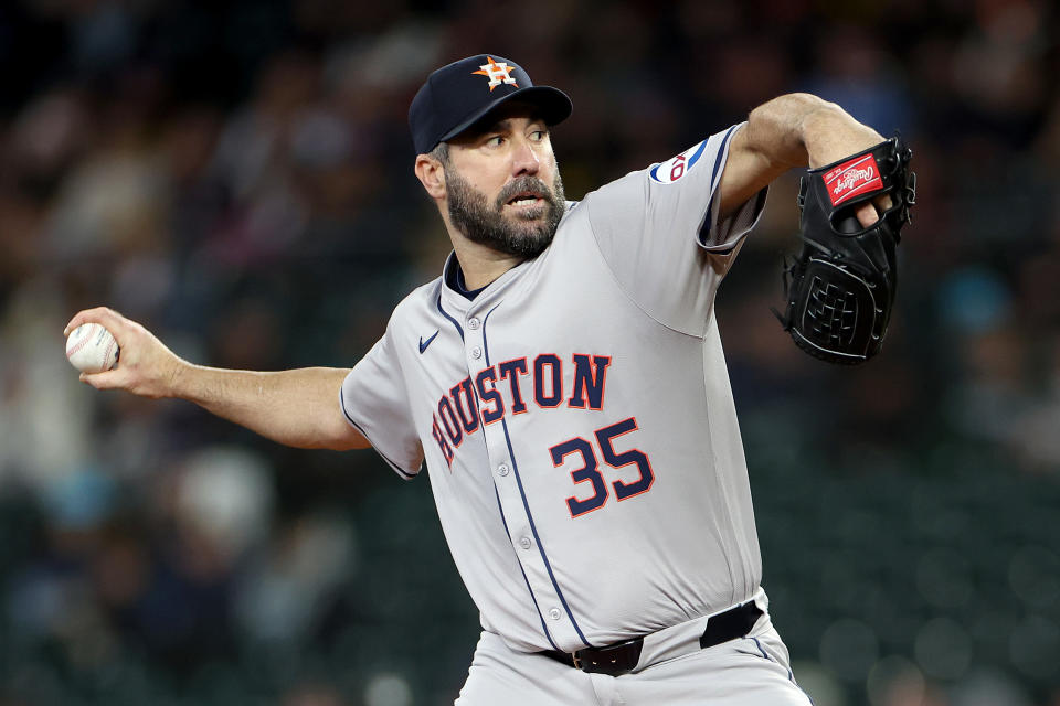 SEATTLE, WASHINGTON - MAY 29: Justin Verlander #35 of the Houston Astros pitches during the second inning against the Seattle Mariners at T-Mobile Park on May 29, 2024 in Seattle, Washington. (Photo by Steph Chambers/Getty Images)