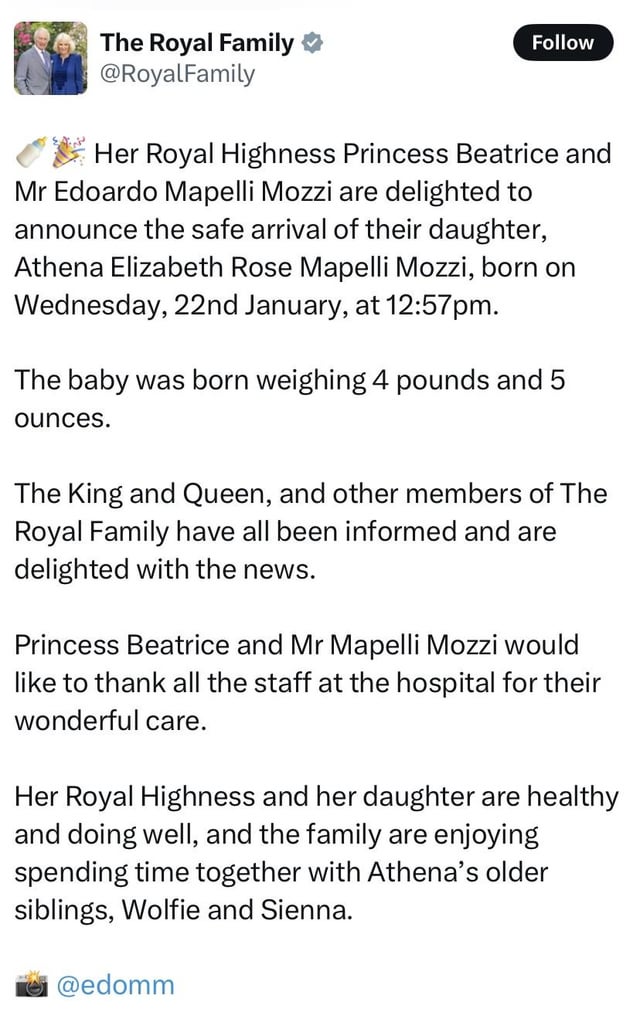 Princess Beatrice  and Edo had a baby girl, Athena Elizabeth Rose Mapelli Mozzzi