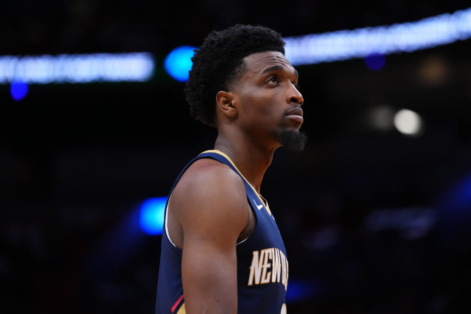 MIAMI, FLORIDA - OCTOBER 13: Herbert Jones #2 of the New Orleans Pelicans looks on against the Miami Heat during a preseason game at Kaseya Center on October 13, 2024 in Miami, Florida. NOTE TO USER: User expressly acknowledges and agrees that, by downloading and or using this photograph, User is consenting to the terms and conditions of the Getty Images License Agreement. (Photo by Rich Storry/Getty Images)