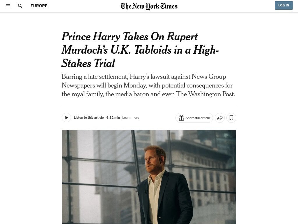Prince Harry Takes On Rupert Murdoch’s U.K. Tabloids in a High-Stakes Trial