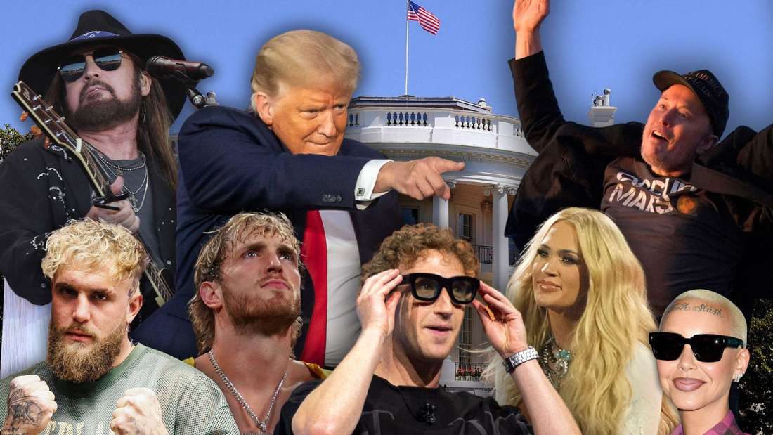 Eine Bildmontage von Donald Trump mit einer großen Zahl Prominenter vor dem Weißen Haus.
