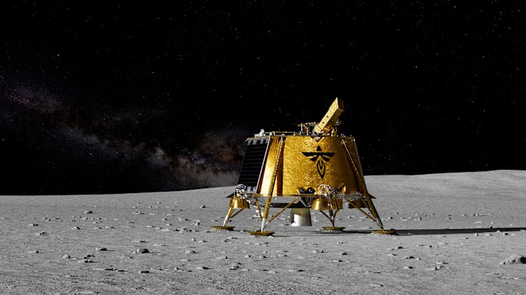Kuvassa Firefly Aerospacen Blue Ghost -kuulaskuri, joka on suunniteltu toimittamaan tieteellisiä laitteita Kuun pinnalle osana NASA:n kaupallista kuukuormaohjelmaa.