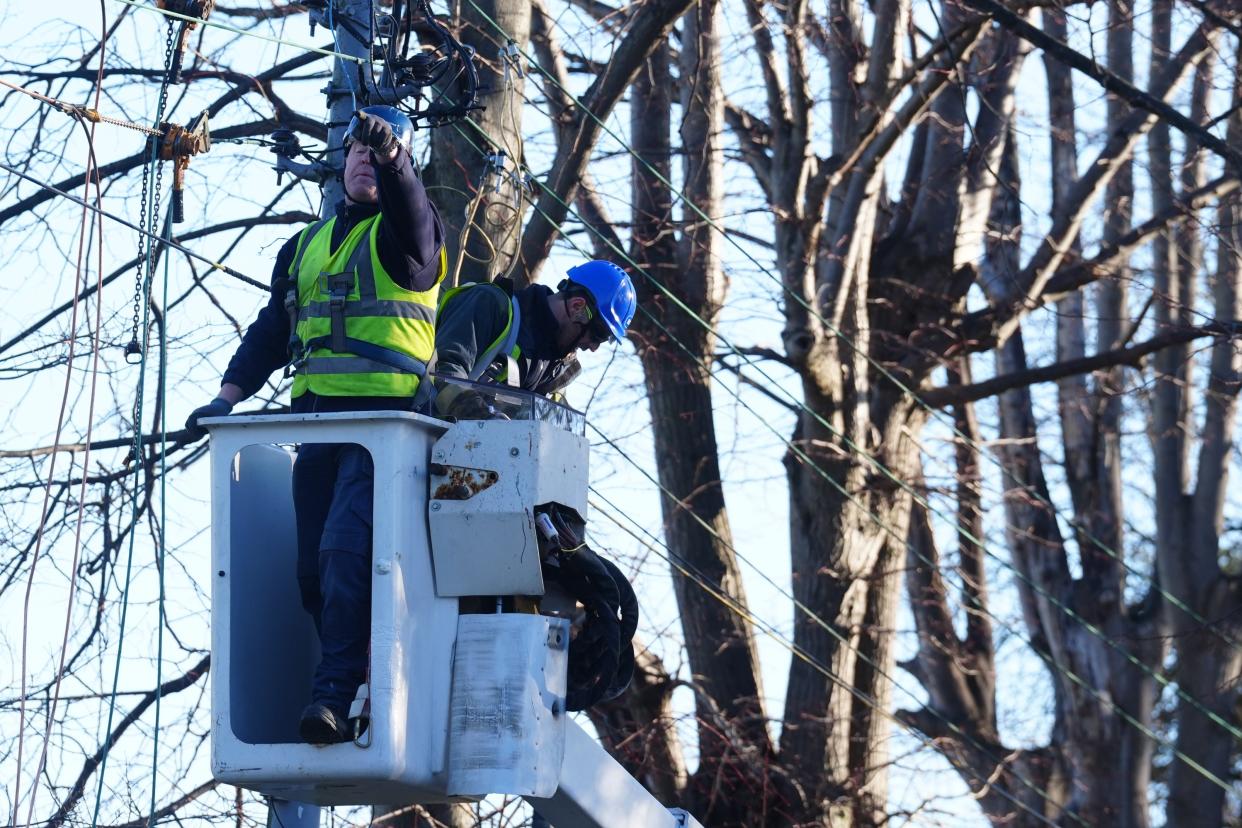 ESB Networks crew working to restore power in Avoca Avenue in Blackrock, Co Dublin (Brian Lawless/PA)